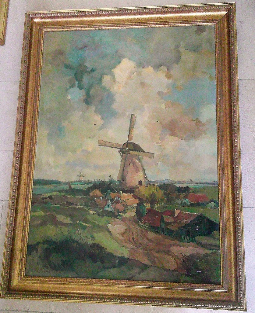 Gezicht op dorp met molen - M.L. Middelhoek 1898-1986, Ophalen, Doek, Impressionistisch, Landschap