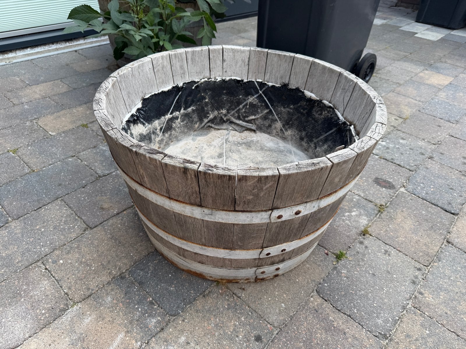 Houten wijnvat / zandbak - Ø 70cm, H 42cm, Tuin en Terras, Bloembakken en Plantenbakken, Ophalen, Gebruikt, Rond, 30 tot 60 cm