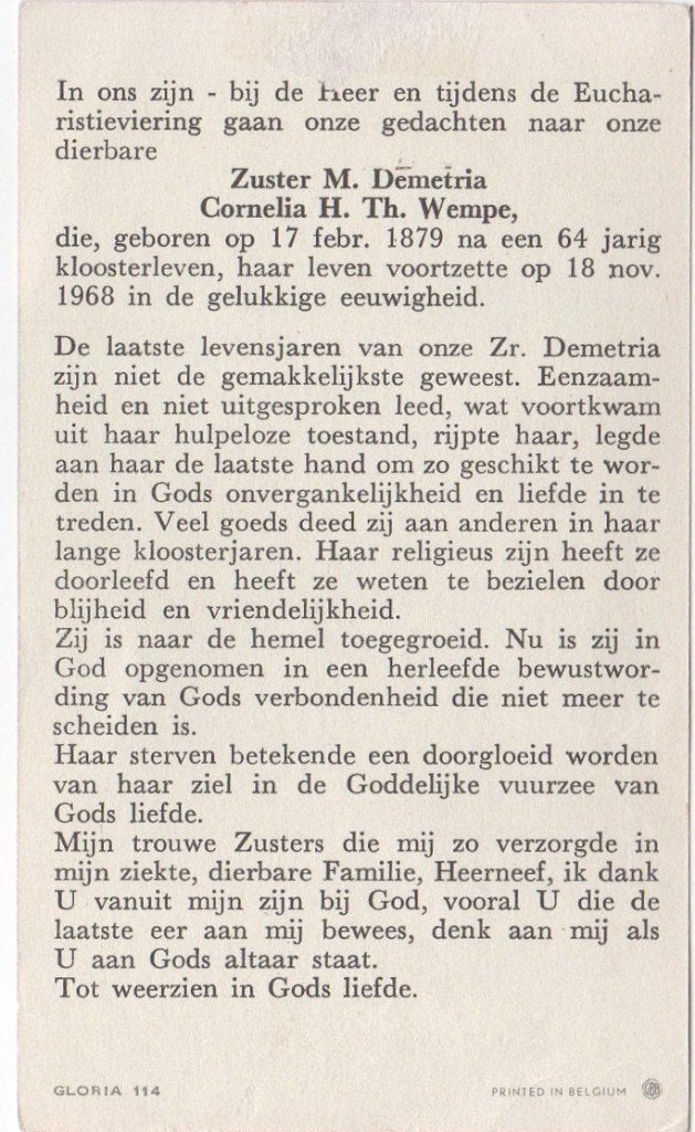 zr. Cornelia H.T. Wempe 1879 Dordrecht + 1968 Baarn, 89 jaar, Verzenden