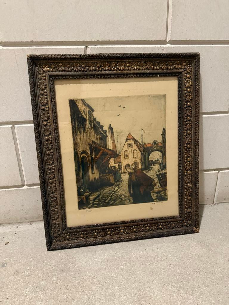 Antieke schilderij ets van een stadsgezicht, gesigneerd, Antiek en Kunst, Kunst | Etsen en Gravures, Ophalen of Verzenden