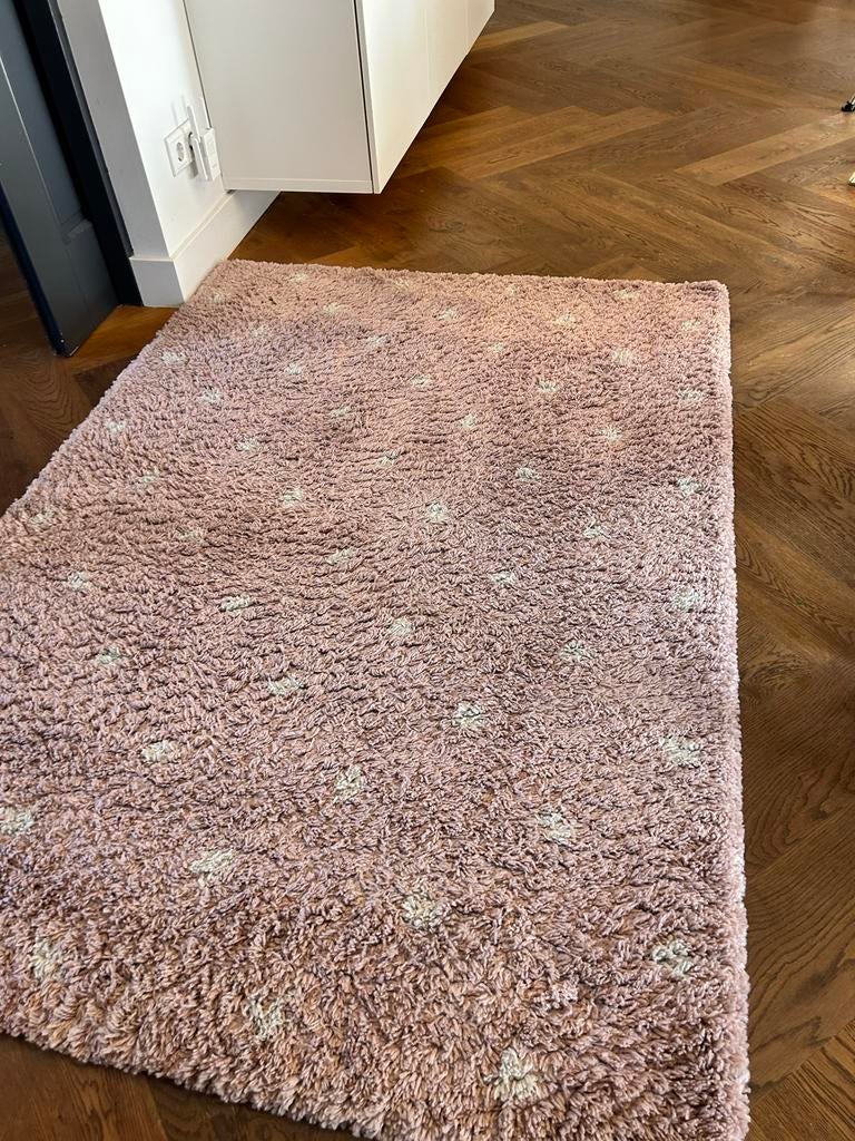 Vloerkleed roze met witte stippen 120x170 cm, Gebruikt, 100 tot 150 cm, Wit, Ophalen of Verzenden