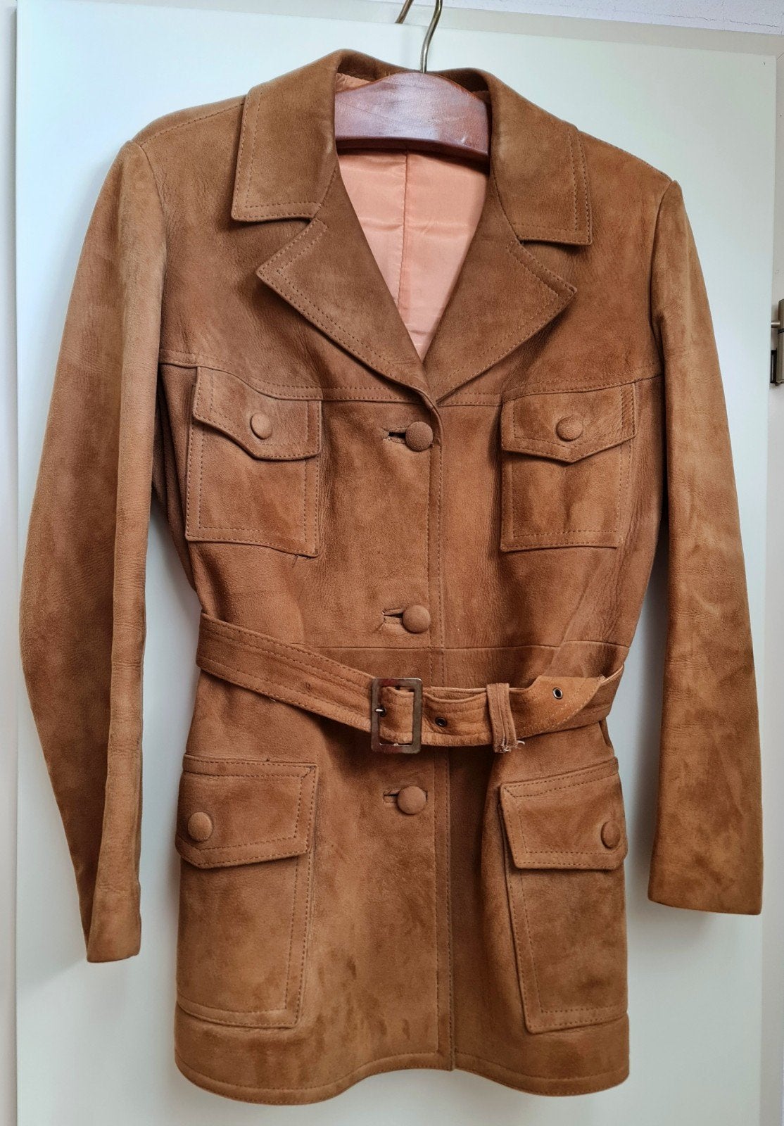 Jas jack leer suède nubuck leer jaren 70 mt 44 met ceintuur, Ophalen, Verha, Bruin, Maat 42/44 (L)