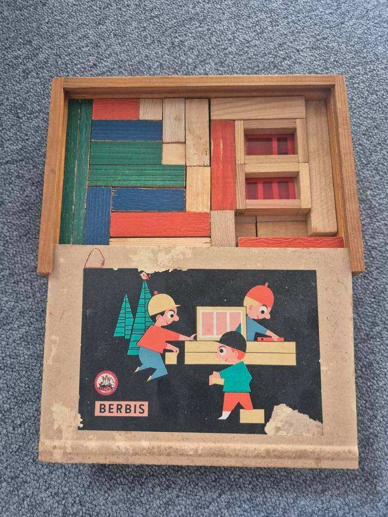 Vintage Berbis Houten Bouwblokken in Kist, Ophalen of Verzenden