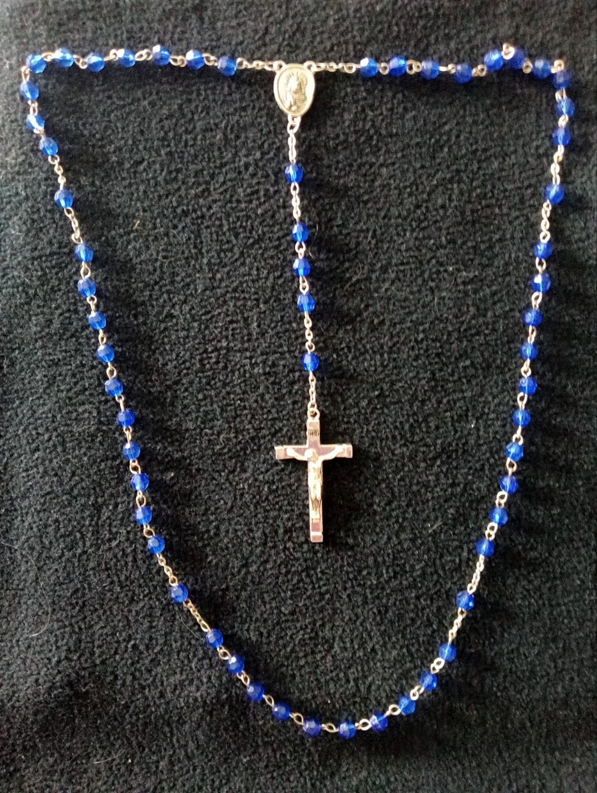 Rozenkrans met blauwe kralen en zilverkleurig kruis, Ophalen of Verzenden