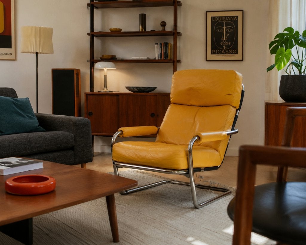 Jan de Bouvrie meneer Obermann fauteuil in Geel leer, Ophalen, 75 tot 100 cm, Zo goed als nieuw, Modern Tijdloos Vintage klassiek industrieel
