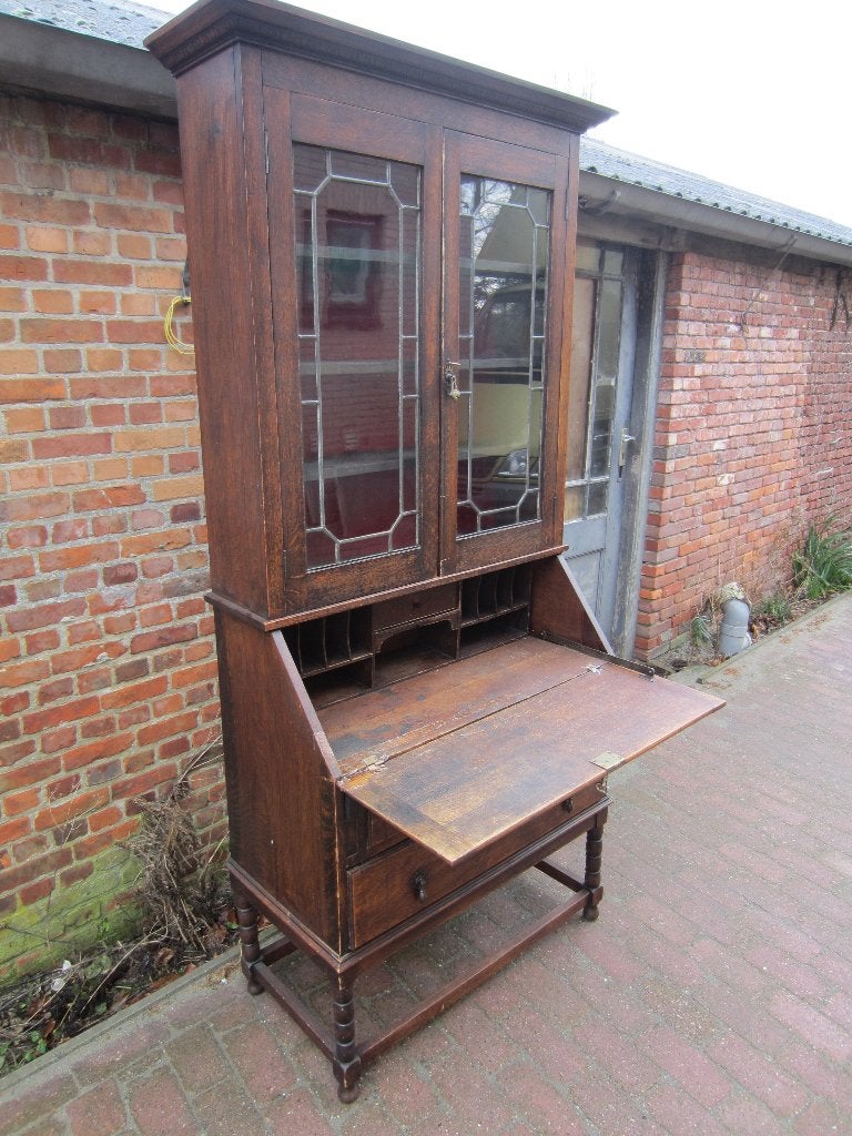 antieke eiken kast 2 laden, secretaire en vitrinekast 221x90
