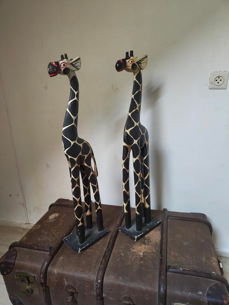 Set van 2 houten giraffen - handgesneden en beschilderd, Huis en Inrichting, Woonaccessoires | Overige, Hout, Overige stijlen
