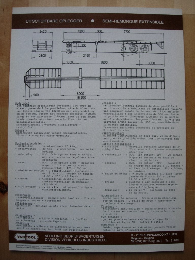 Van Hool Uitschuifbare Oplegger Brochure ca 1975 Trailer, Van Hool, Ophalen of Verzenden, Zo goed als nieuw, Overige merken