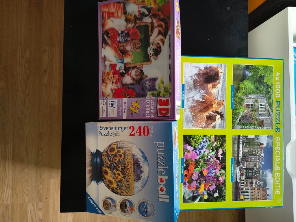 Drie puzzels: 3D katten, 4x1000 stukjes en puzzleball, Ophalen of Verzenden, 500 t/m 1500 stukjes