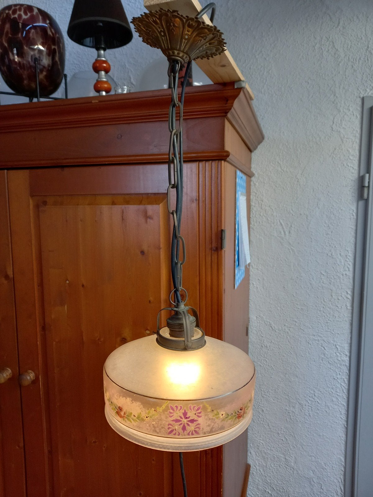 Klein vintage, art deco jaren '20 hanglampje uit Frankrijk., Huis en Inrichting, Gebruikt, Art Deco, vintage jaren '20, Glas, E27 (groot)