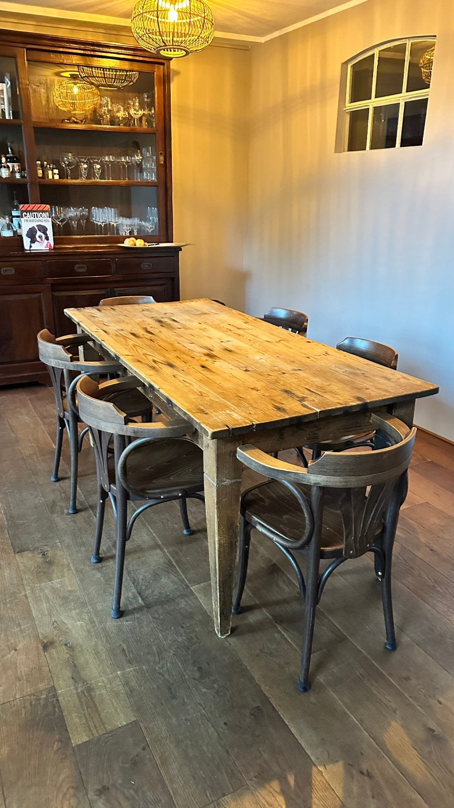 Oude houten landelijke tafel met 6 stoelen, Ophalen, Gebruikt, 50 tot 100 cm, Landelijk