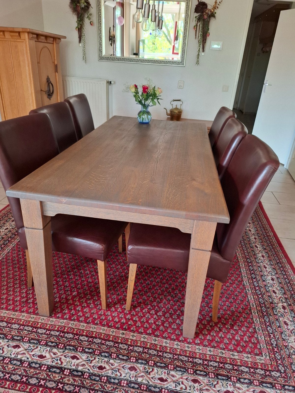 Eiken eettafel met 6 leren stoelen, Ophalen, Gebruikt, Bruin, Tijdloos en klassiek