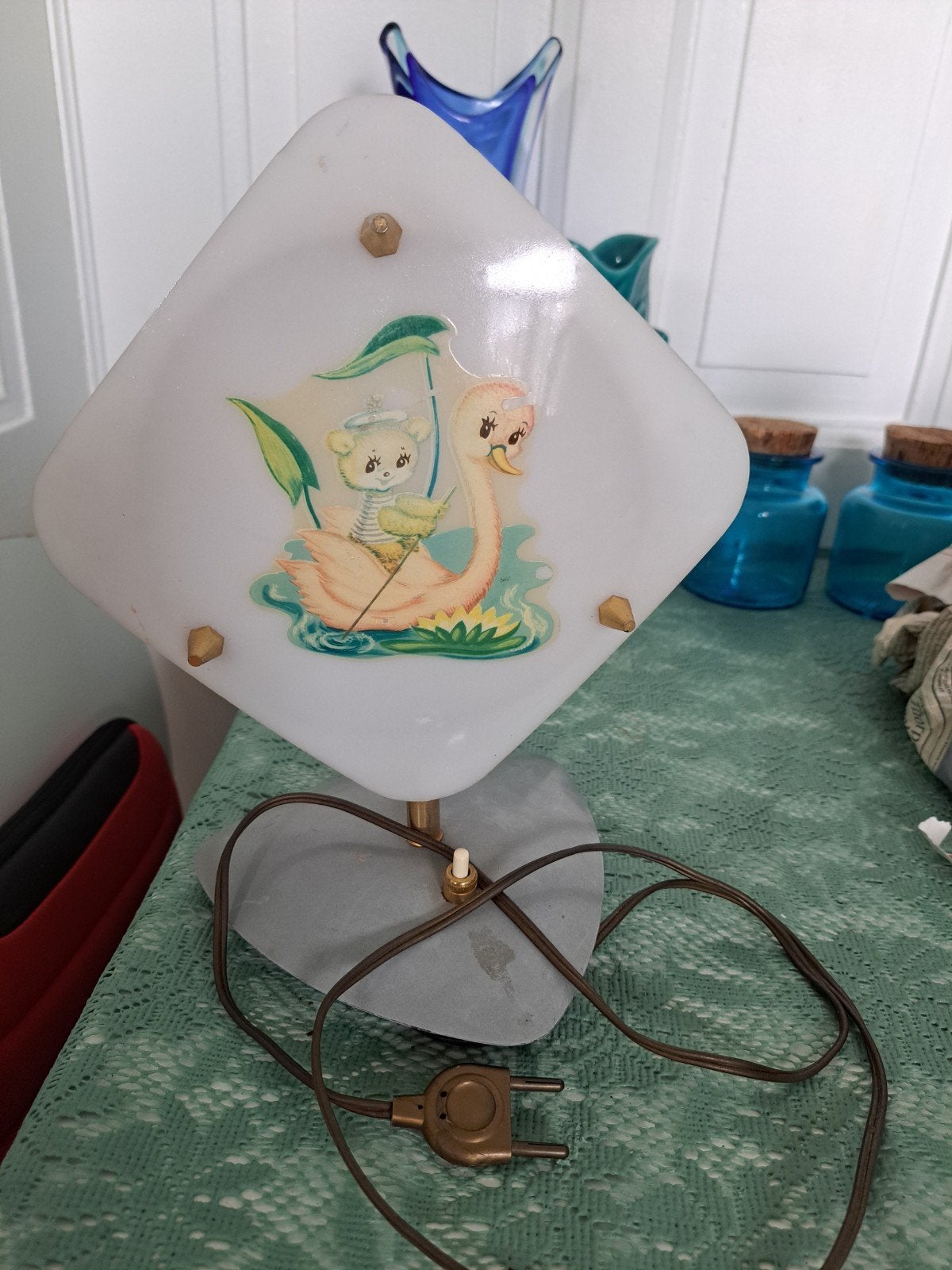 Vintage kinderlamp met beertje en zwaan, Ophalen of Verzenden