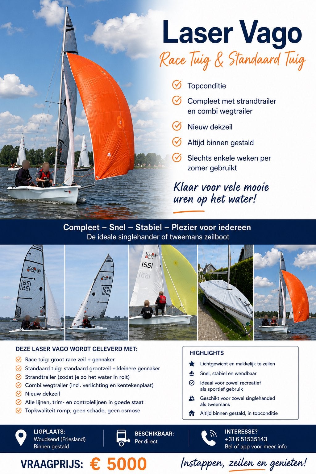 Laser Vago Race & Standaard Tuig met Combi Trailer, Watersport en Boten, Ophalen, Laser, Gebruikt, Dekzeil