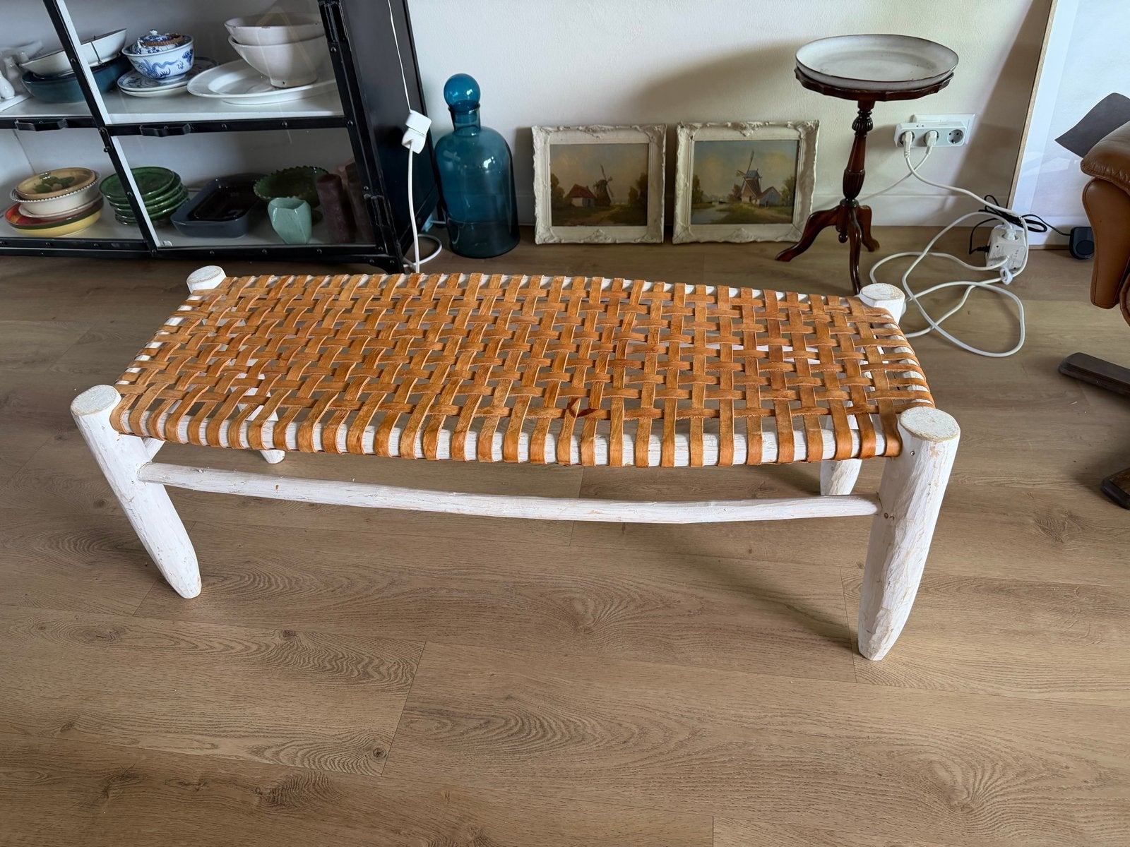 Unieke houten bank met gevlochten zitting, 120x44 cm, Ophalen