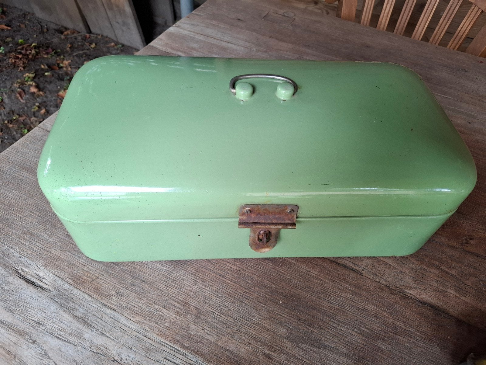 Vintage Groene Broodtrommel - Emaille Brooddoos, Antiek en Kunst, Antiek | Emaille, Ophalen