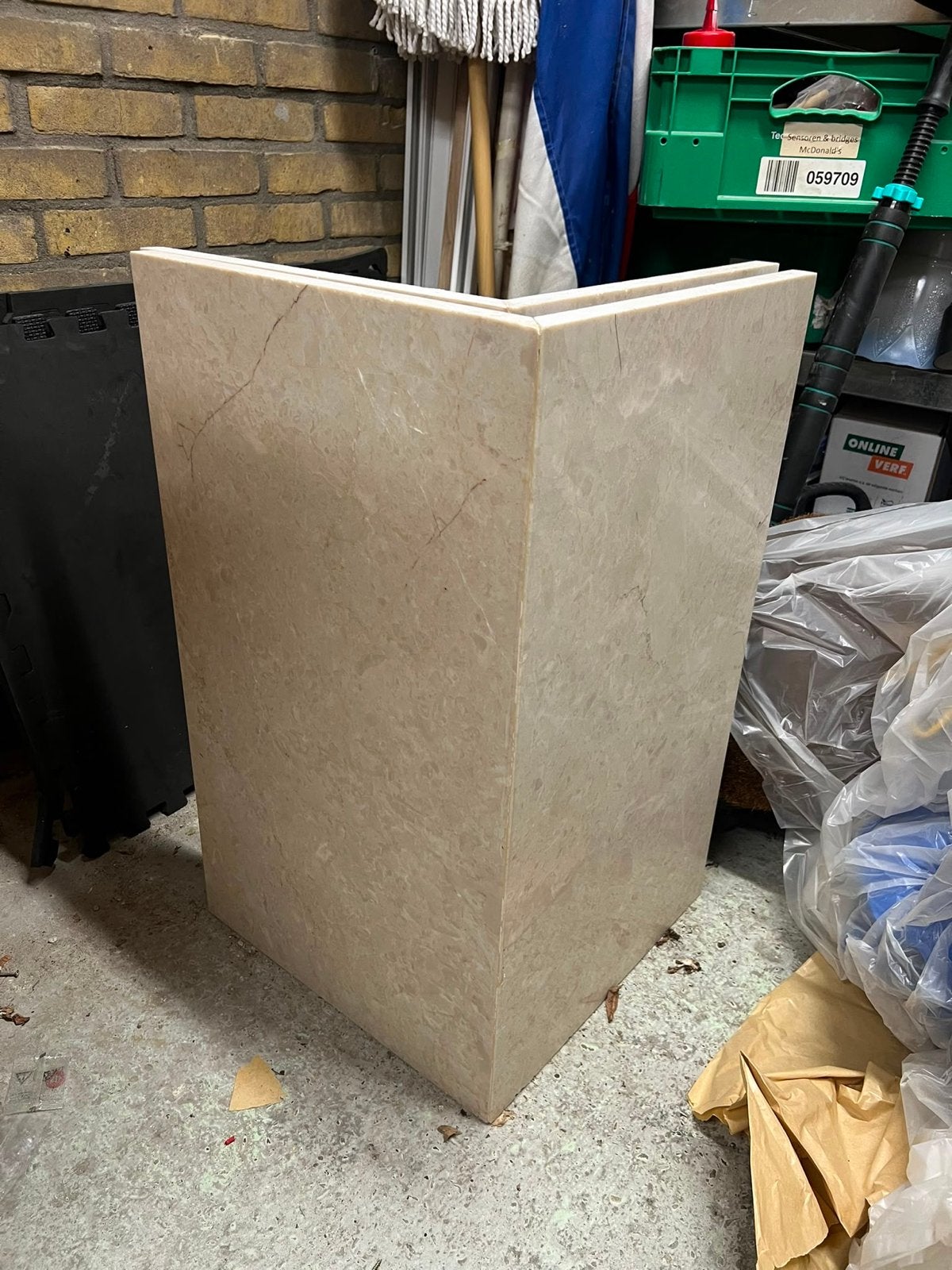 Marmeren sokkel/zuil/tafelpoten - Beige met bruine aders, Gebruikt, Beige, Ophalen of Verzenden, Modern