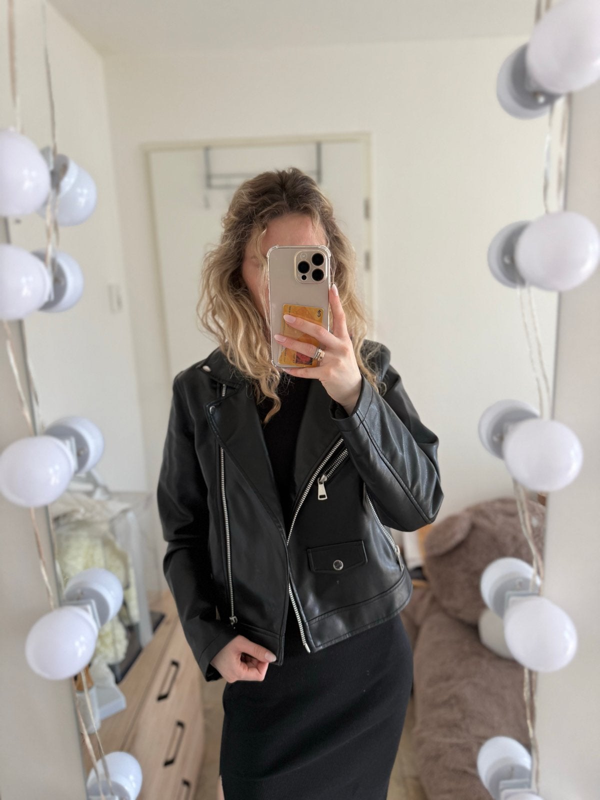 Zwart faux-leer bikerjasje / motorjasje – Maat M, Kleding | Dames, Jassen | Zomer, Ophalen of Verzenden, Zo goed als nieuw, Maat 38/40 (M)