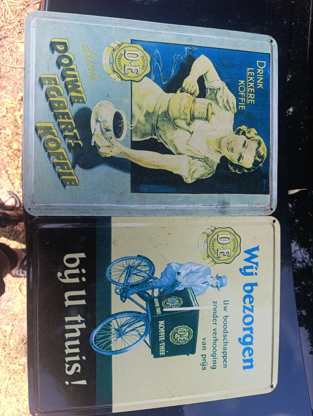 Vintage Douwe Egberts reclameborden (2 stuks), Ophalen of Verzenden, Gebruikt, Reclamebord