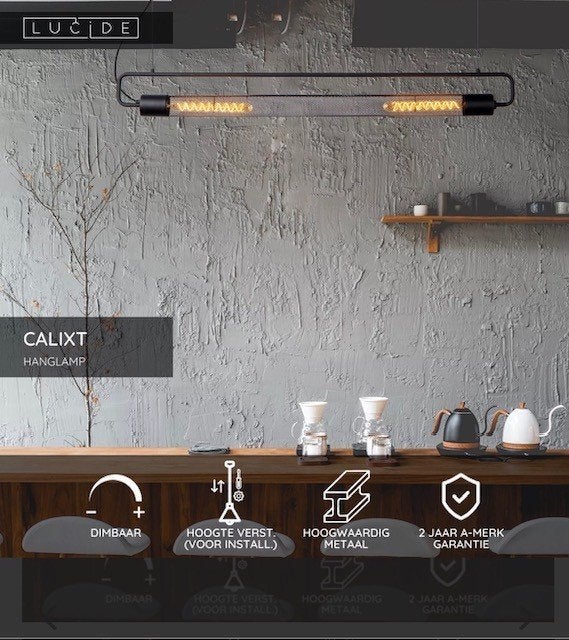 Lucide CALIXT - Hanglamp - 2x E27 - Zwart ACTIE!!, Nieuw, Metaal, Strak design, E27 (groot)
