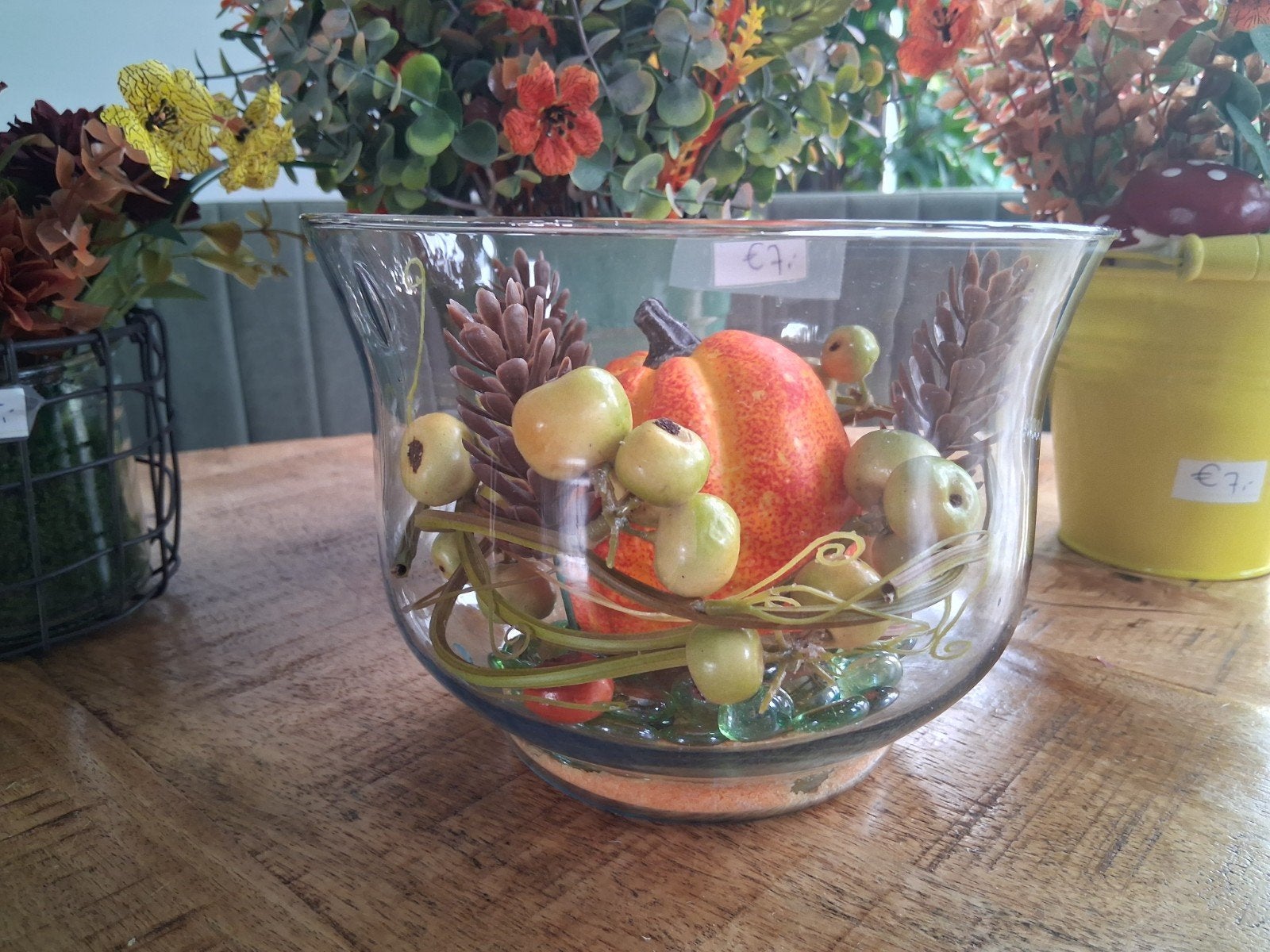 Glazen schaal met herfstdecoratie, Ophalen, Meerkleurig, Nieuw, Landelijk