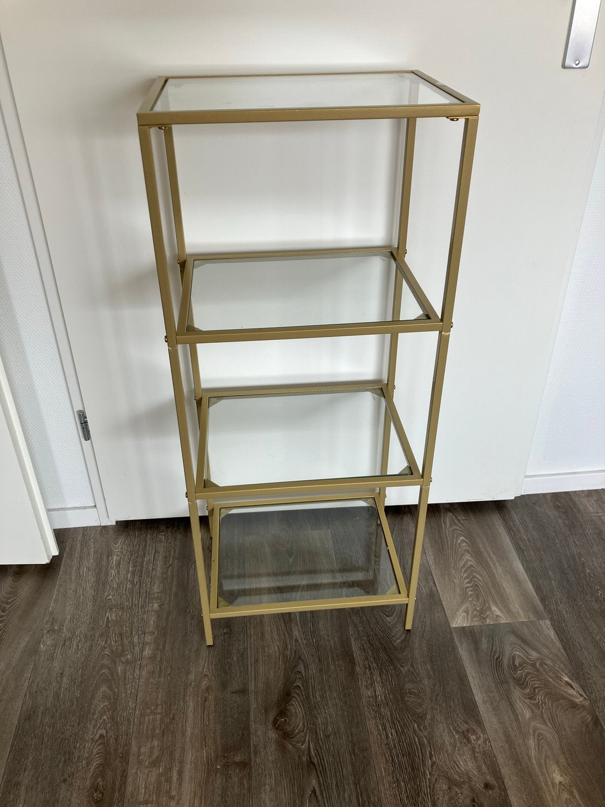 Gouden metalen rek met glazen planken (96x30x40cm), Ophalen, Met plank(en), Minder dan 50 cm, Gebruikt
