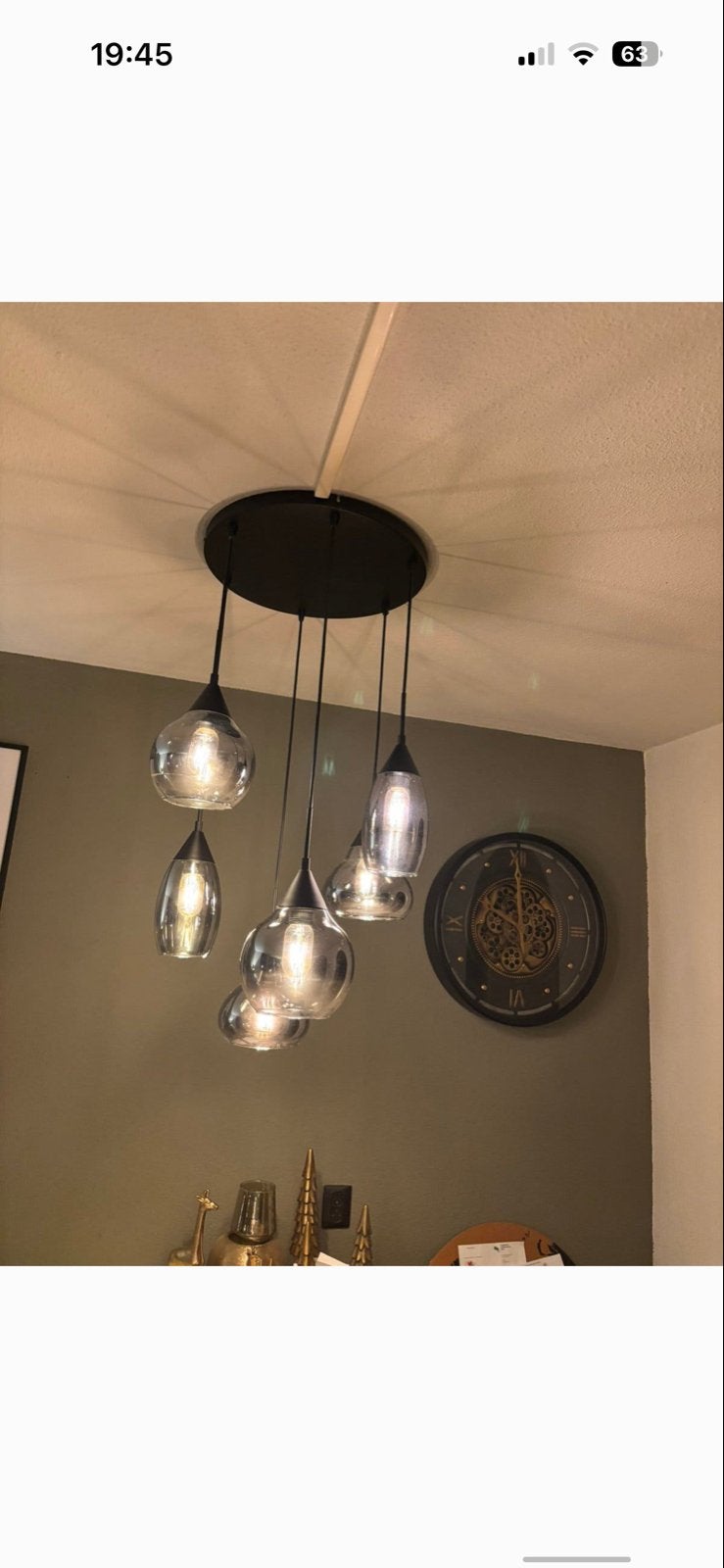 Moderne hanglamp met 5 glazen kappen - Rookglas, Ophalen, Zo goed als nieuw, Glas, E27 (groot)