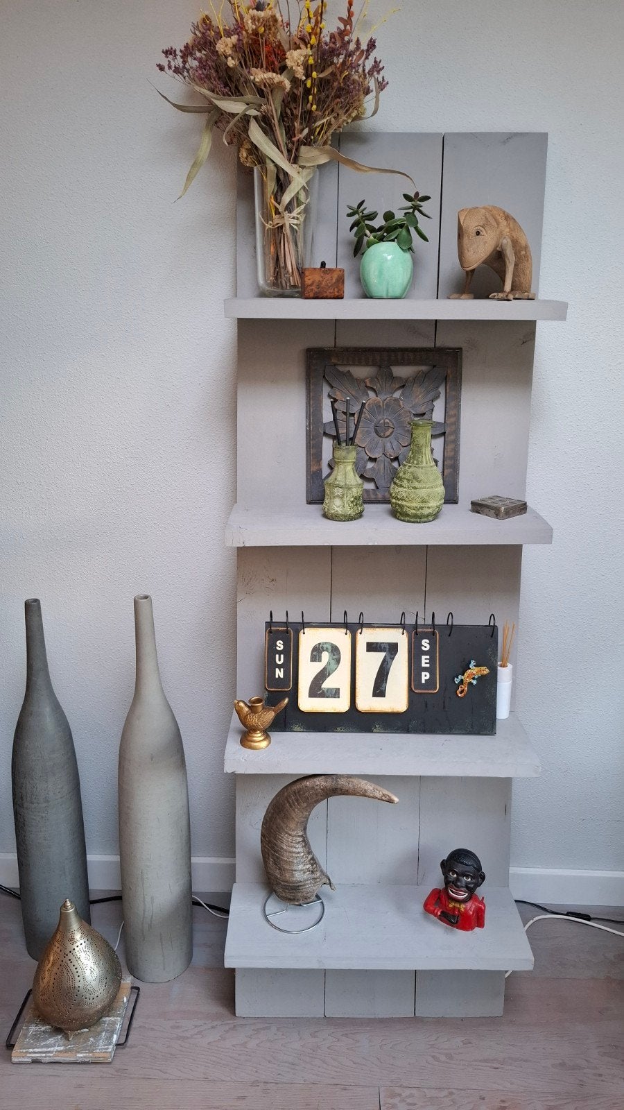 Wandplank met 4 schappen, steigerhout, l. grijs, Ophalen, Zo goed als nieuw