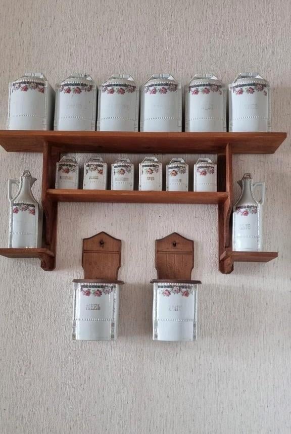 Brocante kruidenpotjes set met wandrek – compleet, Ophalen