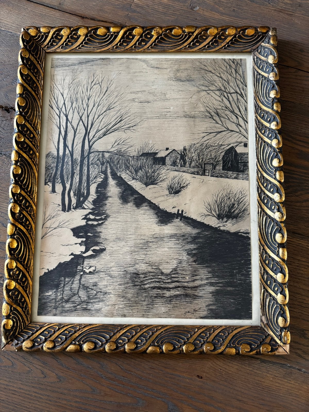 Oude pentekening 1938 G. ter Horst winterlandschap met lijst, Ophalen of Verzenden, Tekening, Prent, Gesigneerd