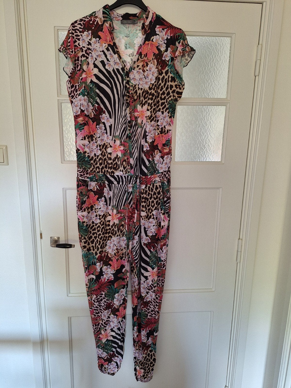 Geisha jumpsuit bloemen/panter en zebra print 42, Ophalen of Verzenden, Gedragen, Maat 42/44 (L), Zwart
