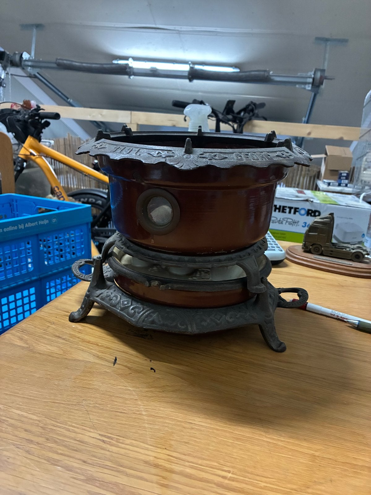 Antieke gietijzeren kachel / fondue set, Ophalen of Verzenden