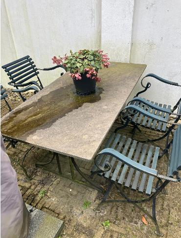 Natuurstenen tuintafel 160x80 + 4 stoelen – smeedijzer, Ophalen, Gebruikt, Rechthoekig, Overige materialen