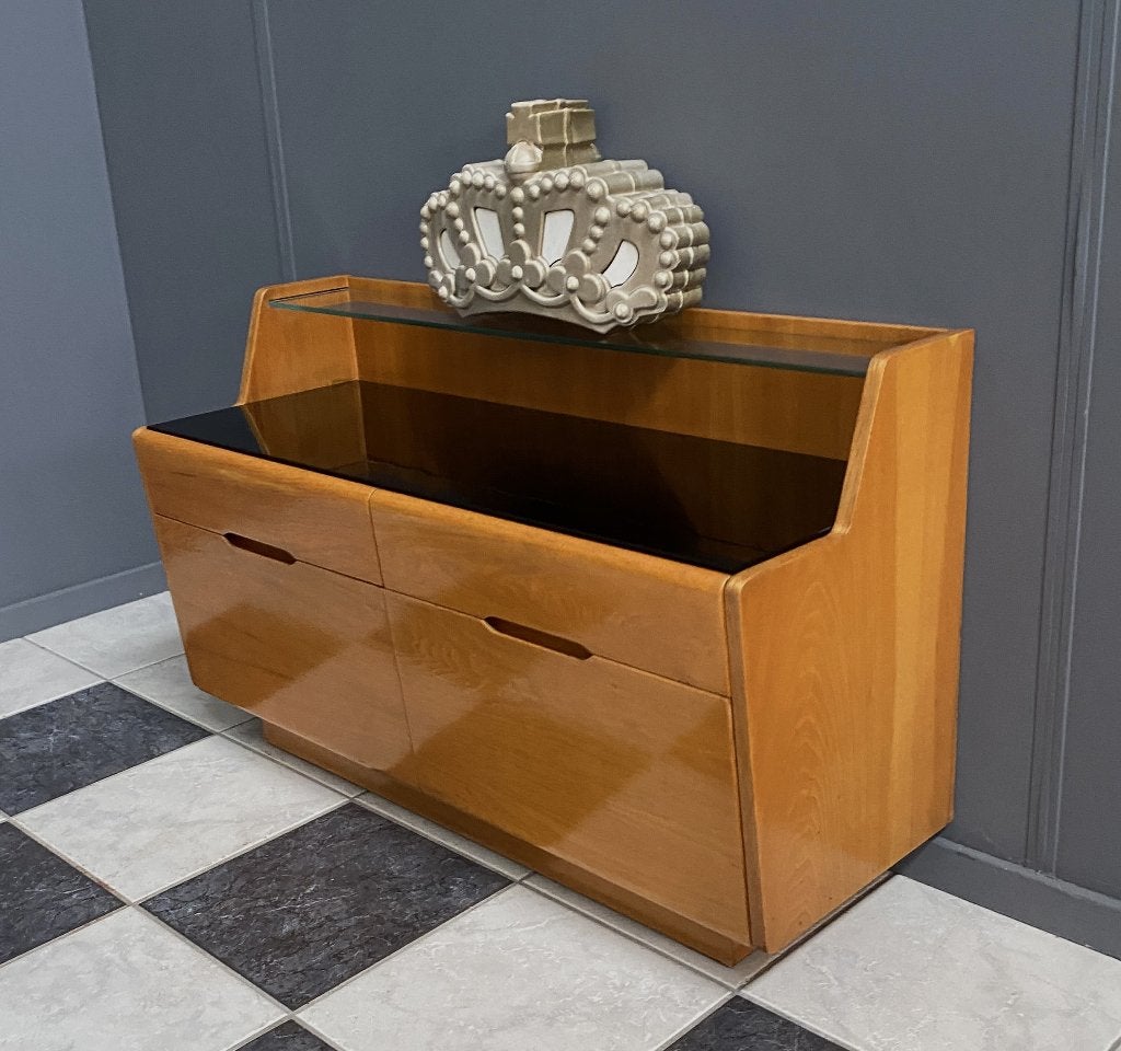 60's nacht bijzet kast 2 klep 2 lade breed zwart opaxit glas, Huis en Inrichting, Kasten | Ladekasten, Ophalen, 50 tot 100 cm