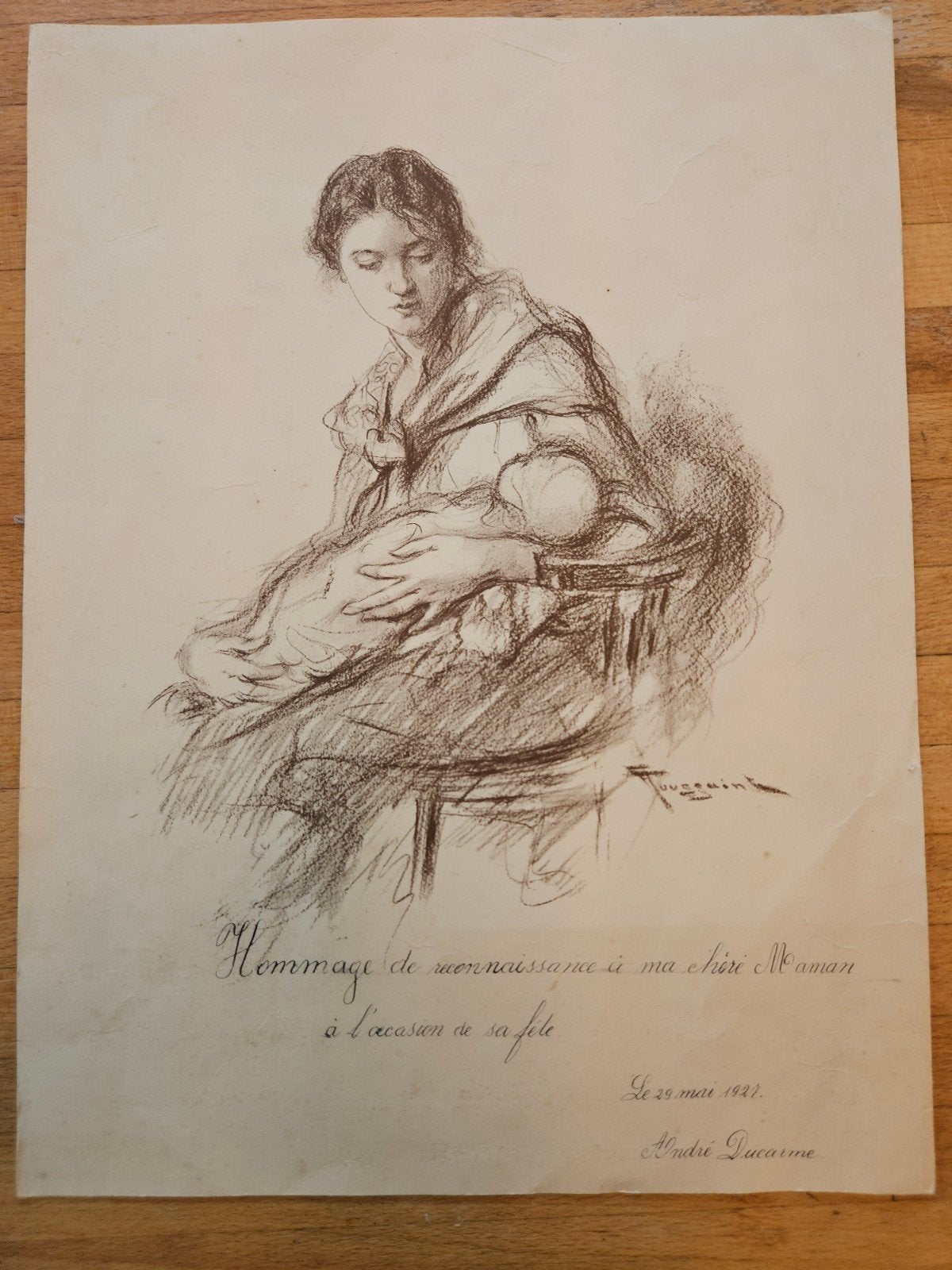 Mère et enfant, Fernand Toussaint, Ophalen of Verzenden, Overige typen, Potloodtekening, Origineel