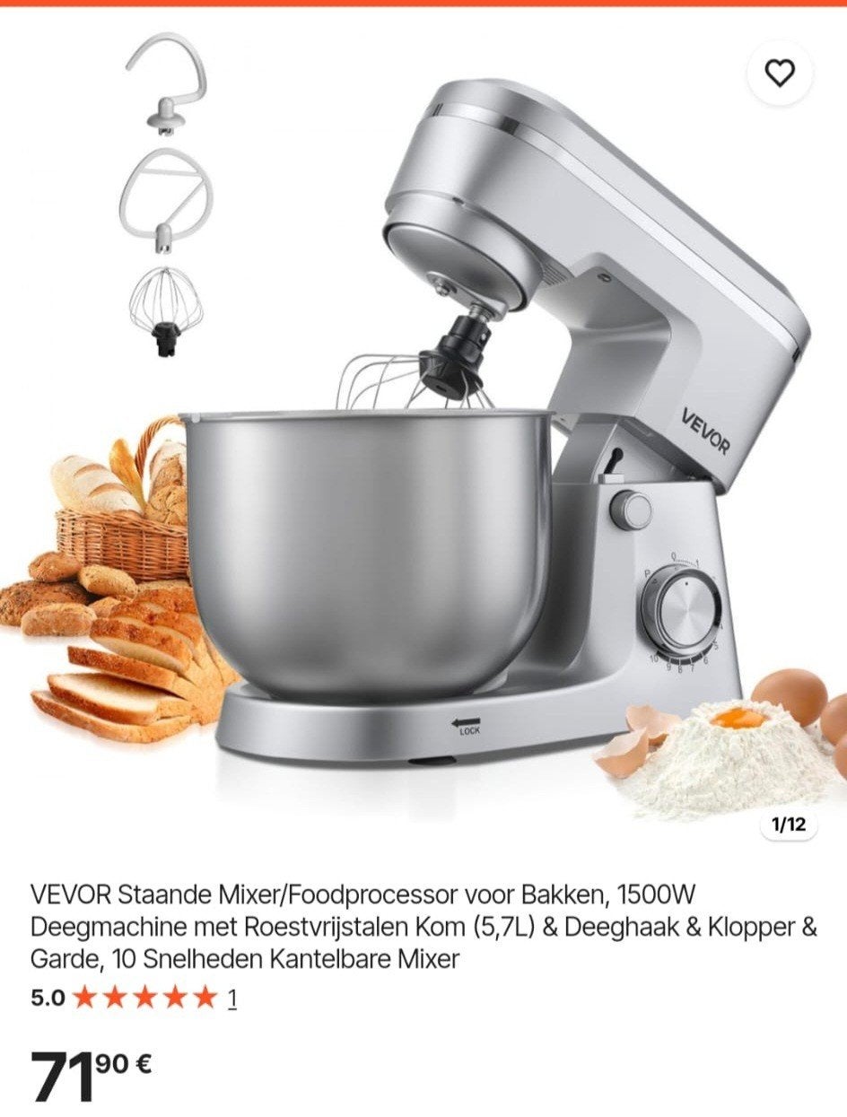 Vevor Keukenmachine 1500W - Nieuw in Doos, Witgoed en Apparatuur, 4 liter of meer, Nieuw, 3 snelheden of meer, Ophalen of Verzenden