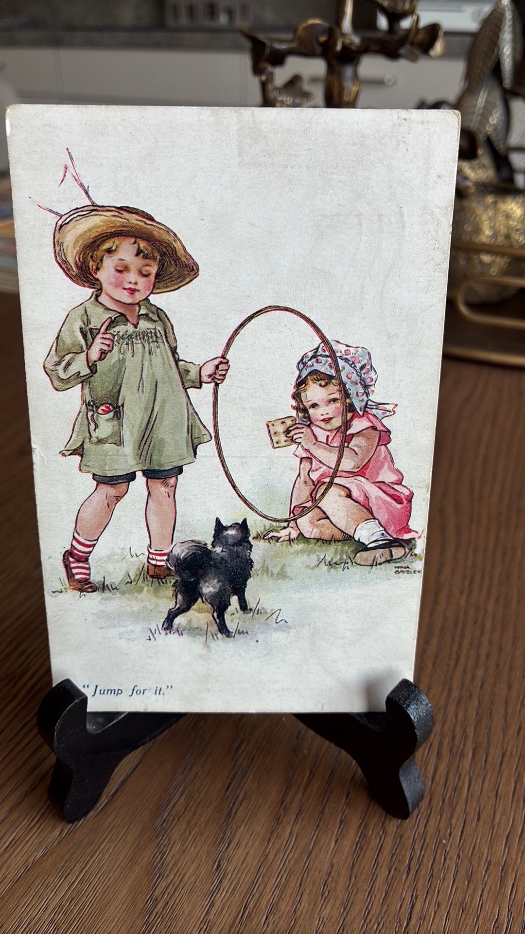 Kinderkaart. Spring maar door de hoepel, hond, koekje, Ophalen of Verzenden, Gelopen, Kinderen