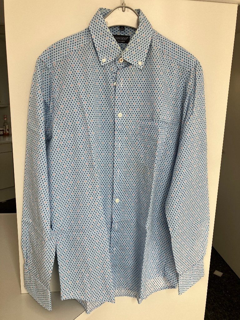 Overhemd Blauw bewerkt maat M – 39/40, Blauw, John Cabot, Gedragen, Halswijdte 39/40 (M)