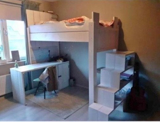 Steigerhouten hoogslaper met opbergruimte/boekenplank trap, Ophalen, Gebruikt, 90 cm, Tweepersoons