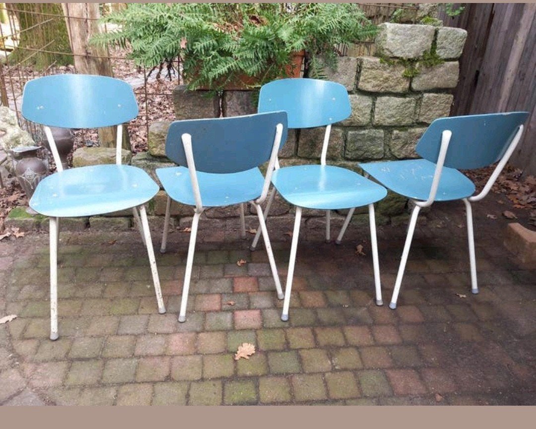 Set van 4 vintage blauwe stoelen, Antiek en Kunst, Antiek | Meubels | Stoelen en Banken, Ophalen