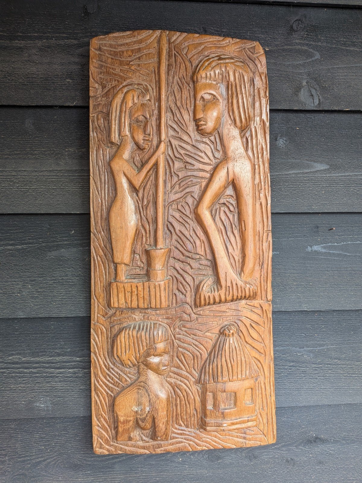 Vintage handgesneden Afrikaans houten wandpaneel, Ophalen, Afrika, Hout, Houtsnijwerk