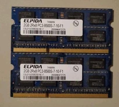 Elpida 4GB (2x2GB) DDR3 Laptop RAM PC3-8500S, Gebruikt, DDR3, Ophalen of Verzenden, Laptop