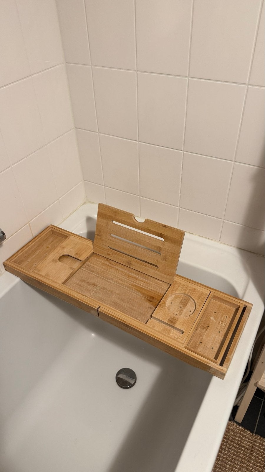 Deep Calm Bamboo Bath Caddy – Extendable Bath Tray, Ophalen, Zo goed als nieuw, Bruin, Badkamerrek