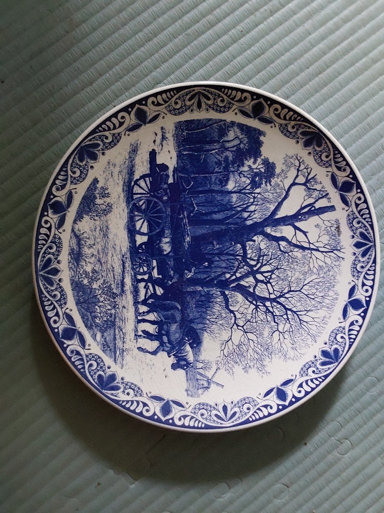 Vintage Delftsblauw wandbord Chemkefq Paard en wagen, Ophalen