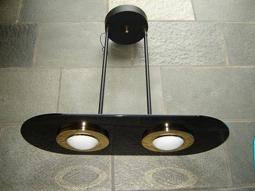Italiaanse design halogeen hanglamp, zwart glas messing, Ophalen, Gebruikt, Overige fittingen, Glas