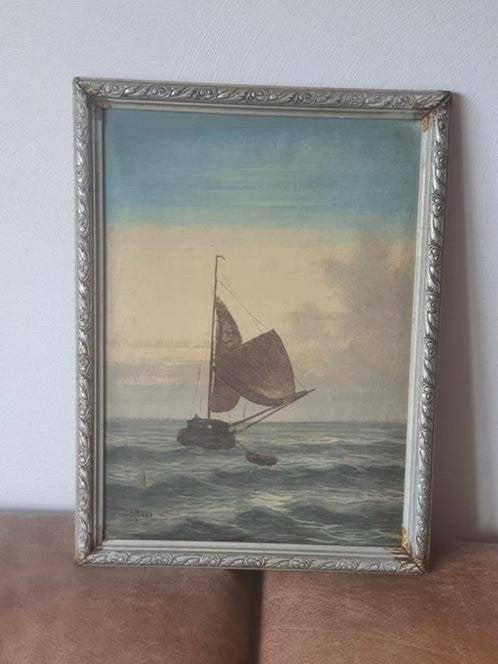 schilderij zeilboot vissersboot op zee met sloep K. Heefkens, Ophalen