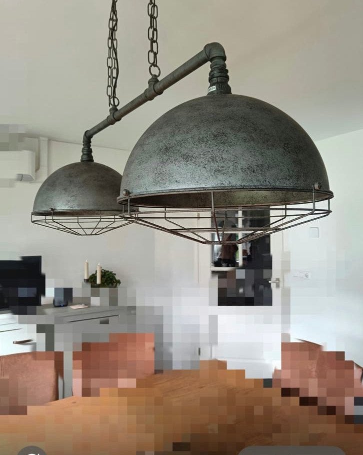 Industriële hanglamp met 2 kappen - metaal, Ophalen, Gebruikt, Metaal, E27 (groot)