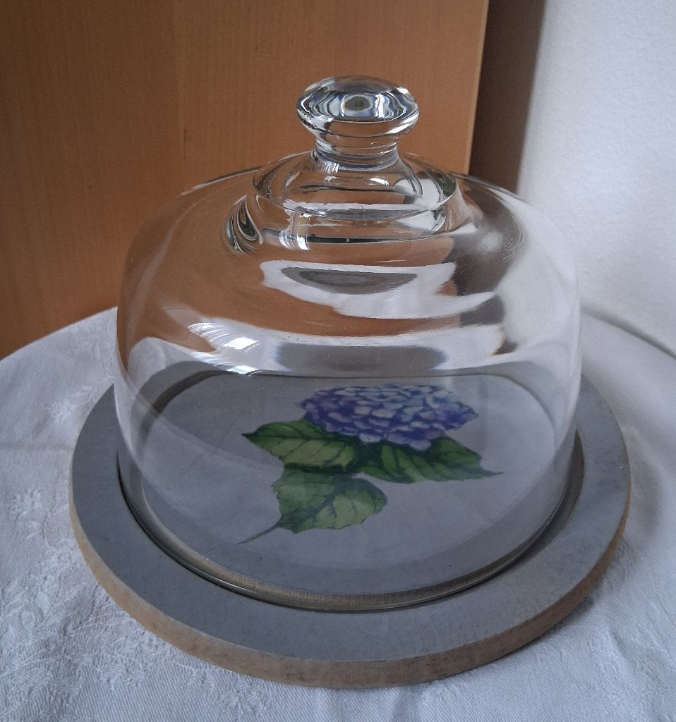 Glazen stolp met houten onderbord hortensia, Glas, Ophalen of Verzenden, Gebruikt, Met plateau