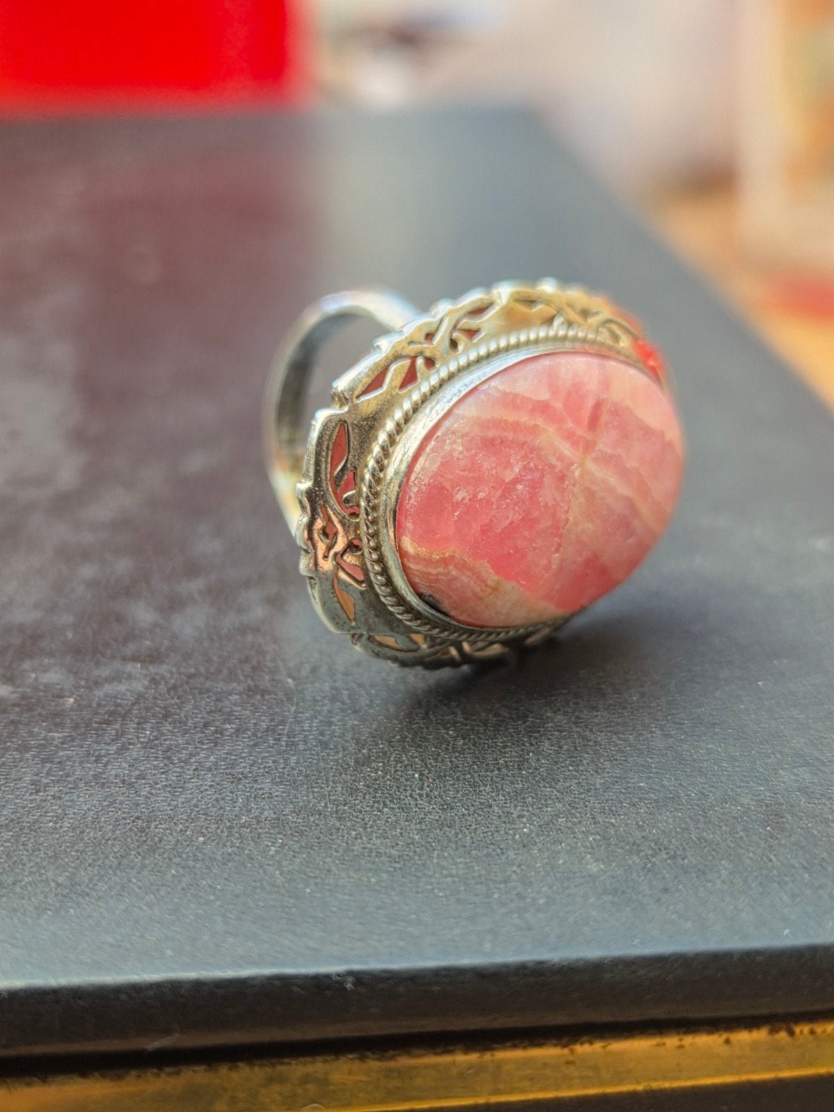 vintage zilveren ring met een roze rhodochrosiet edelsteen, Ophalen, 17 tot 18, Roze, Dame