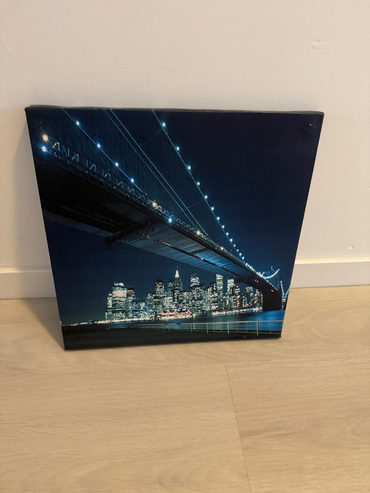 Canvas schilderij met lichtjes - Brooklyn Bridge New York, Minder dan 50 cm, Gebruikt, Ophalen of Verzenden, Schilderij